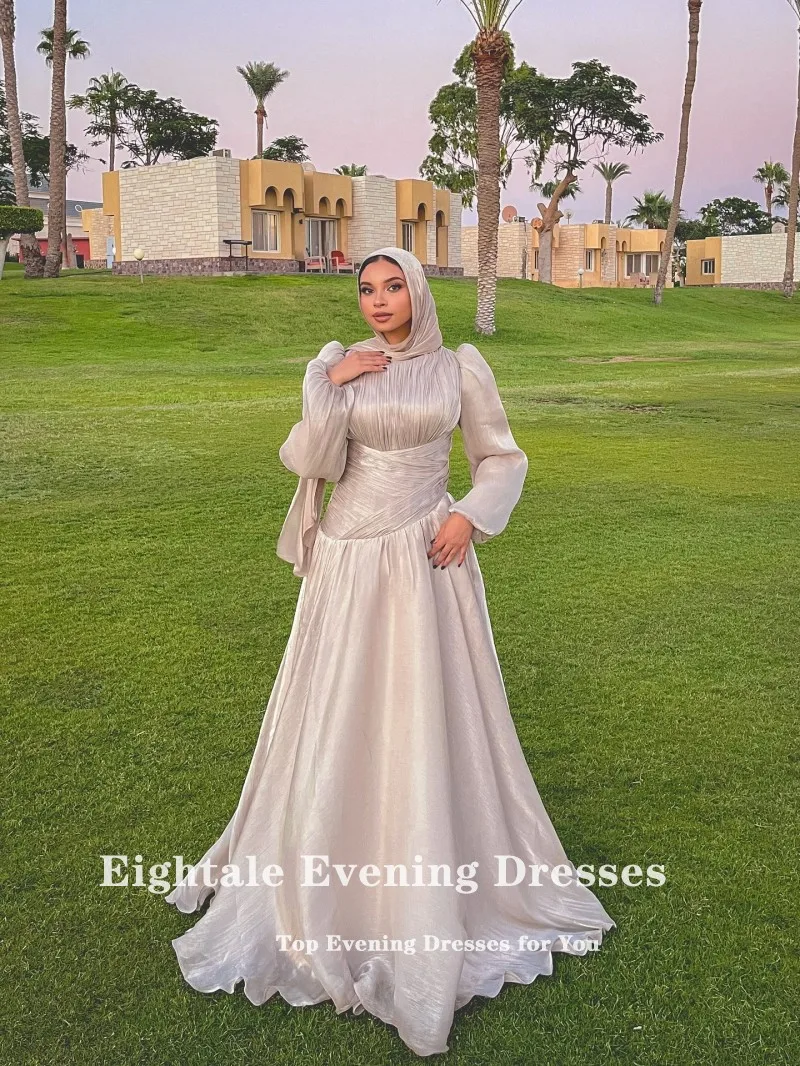 Eightale Arabisches Abendkleid, O-Ausschnitt, Falten, Krepp, maßgeschneidert, bodenlang, muslimisches Champagner-A-Linien-Abschlussball- und Hochzeitskleid