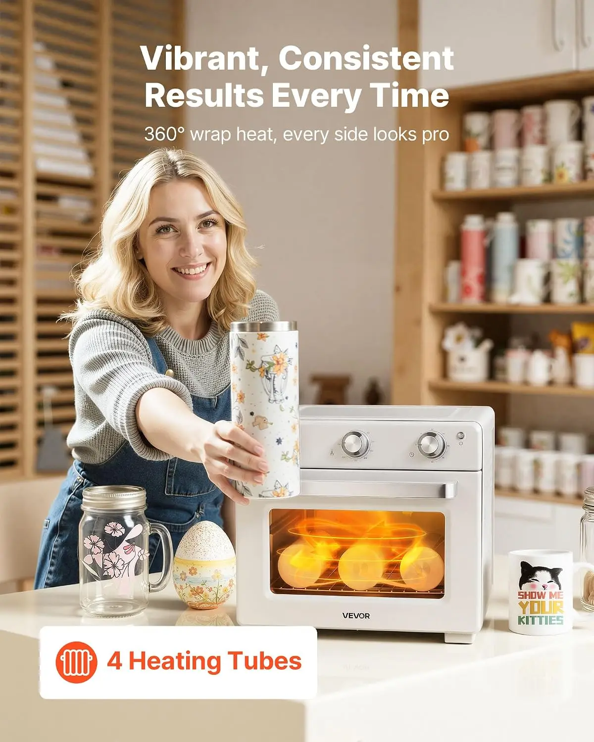 Sublimation Oven Machine, 26 Qt, Fits 40oz Tumblers, with 1 Heat Air Gun, 50 Shrink Films, 1 Tape and 2 Heat Gloves, 360° Turbo