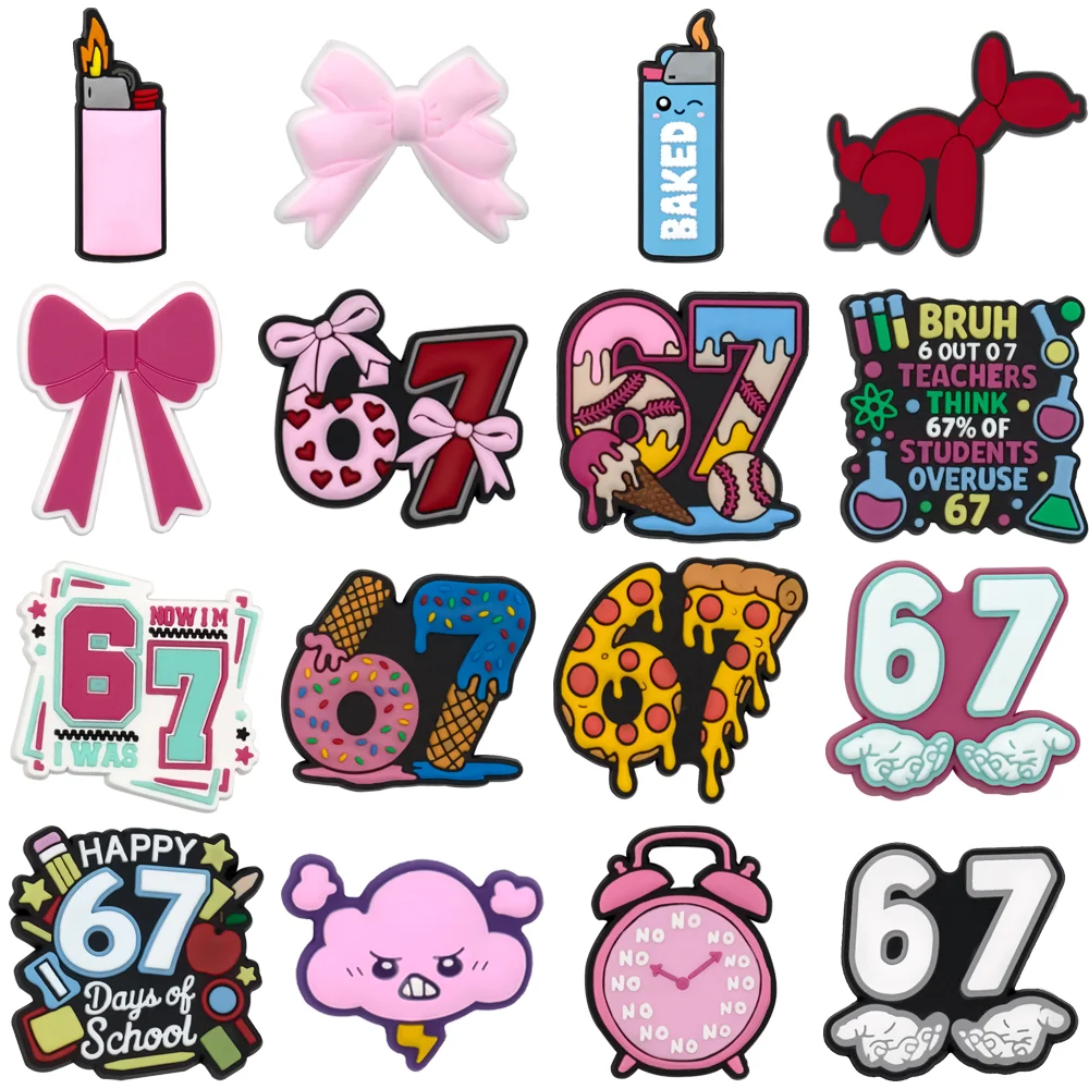 1/16PCS Casual 67 Style Shoe Charms, Pink Bow Cloud Pins for Sandals, Balloon Dog Alarm Clock Shoe Clogs Accessories