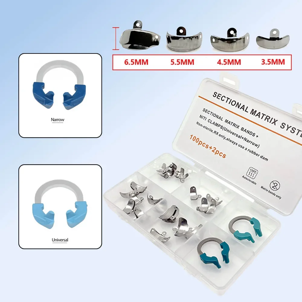 

Professional Restorative Dentistry Kit 102 Pieces Metal Matrix Bands and NiTi Clamping Rings for Sectional Matrix System