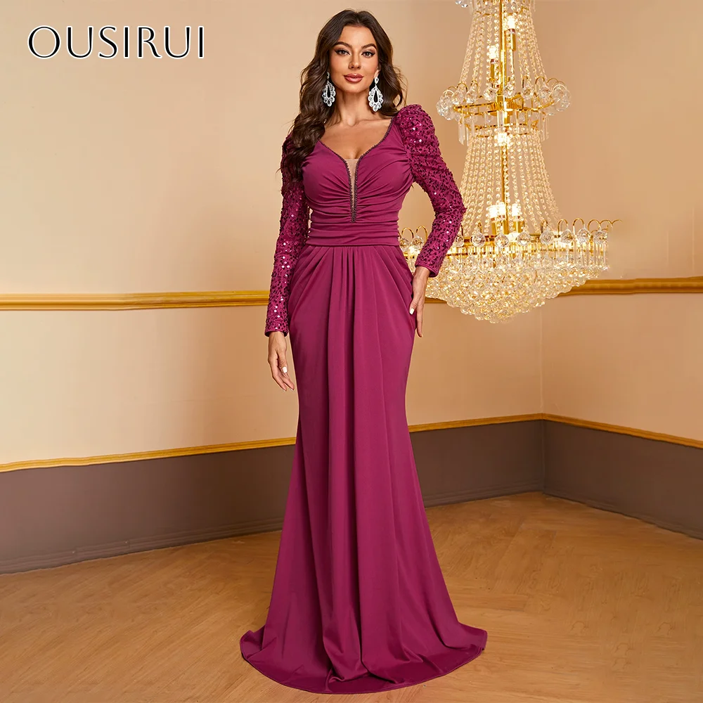 

Сексуальное платье русалки с v-образным вырезом и блестками и длинными рукавами для выпускного вечера, атласное плиссированное платье со шлейфом по индивидуальному заказу, платье de novia