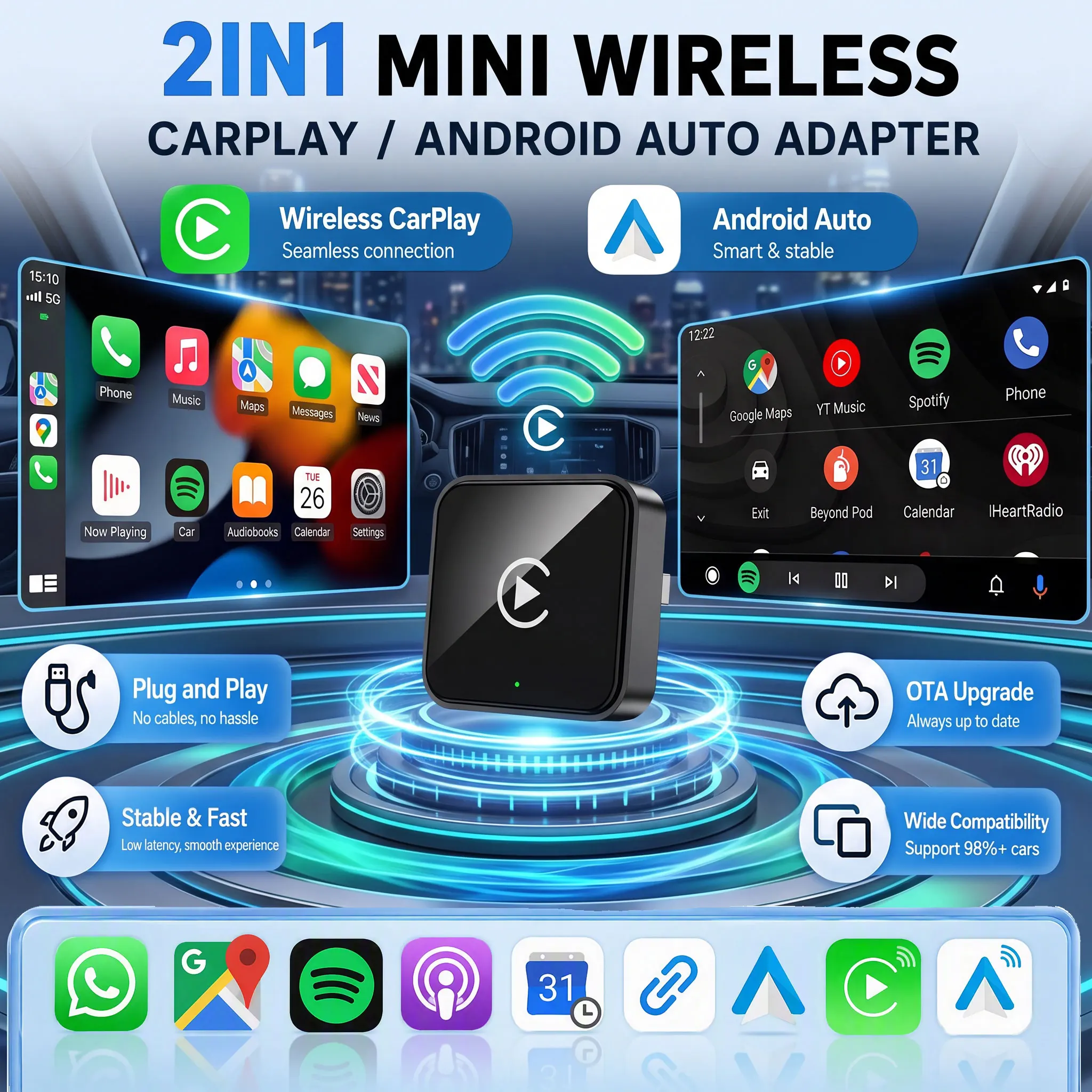 Wireless CarPlay Adapter Mini 2In1, Universal Android Auto Dongle for Car Entertainment System, Portable Lightweight Durable M
