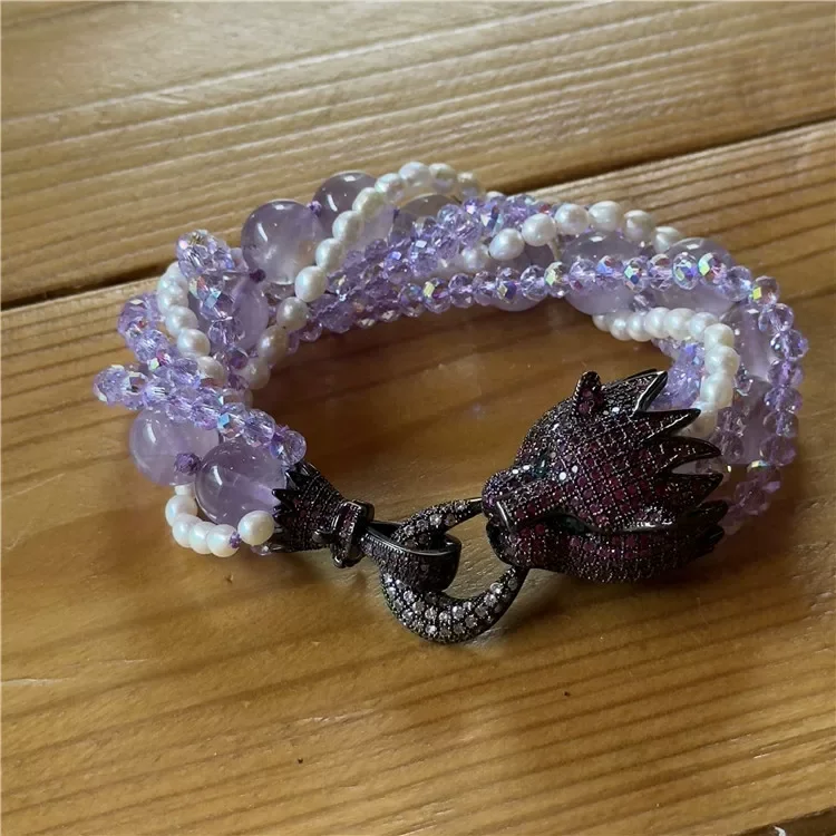 Women's Multi-Layer Braided Bracelet with Amethyst & Pearls
