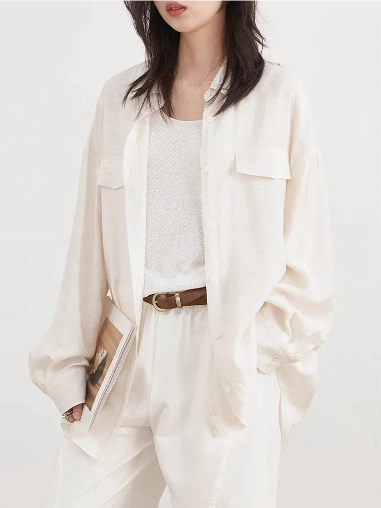 شيك فين النساء قمصان رقيقة الصلبة واحدة الصدر طويلة الأكمام فضفاضة التلبيب معطف الإناث البلوزات الربيع الصيف 2025 الملابس