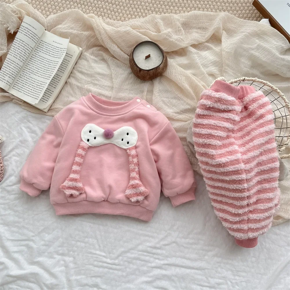 2024 Winter New in Kids Baby Girls Thicken Coral Velvet Warm Top Sweatshirt + Pants , Infant Toddler Clothing Set 2pcs 3M-3Y