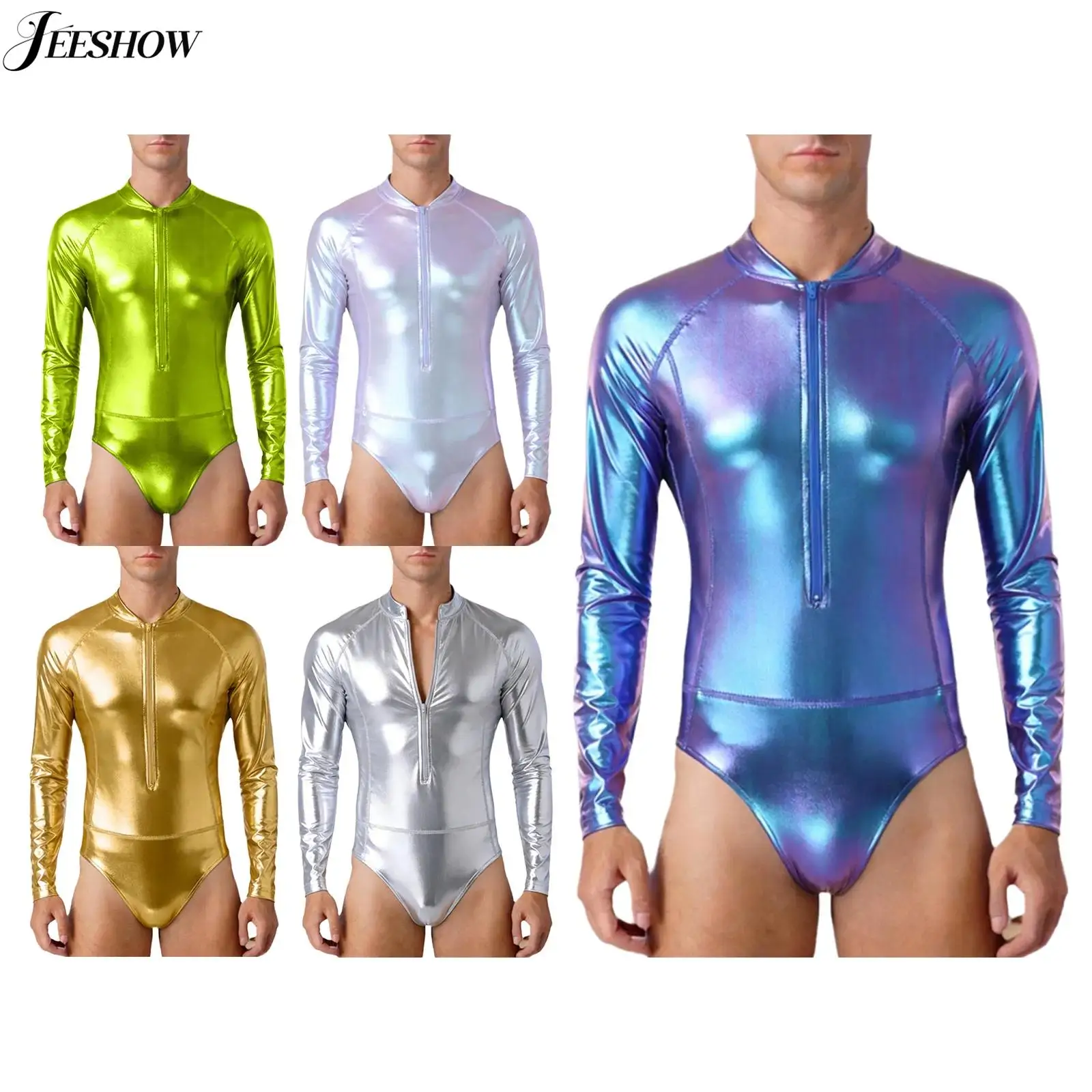 

Мужской блестящий металлический боди с длинными рукавами для джазовых танцев, сценический костюм, леотард с высоким вырезом и молнией спереди, одежда для ночного клуба