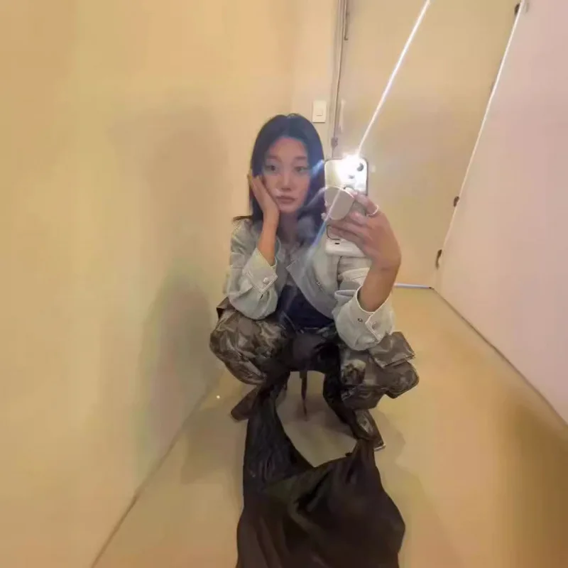 سراويل عمل مموهة مفتوحة YY موضة 2025 سراويل عمل كورية مموهة بخصر كبير جيوب كبيرة سراويل عمل فضفاضة غير رسمية