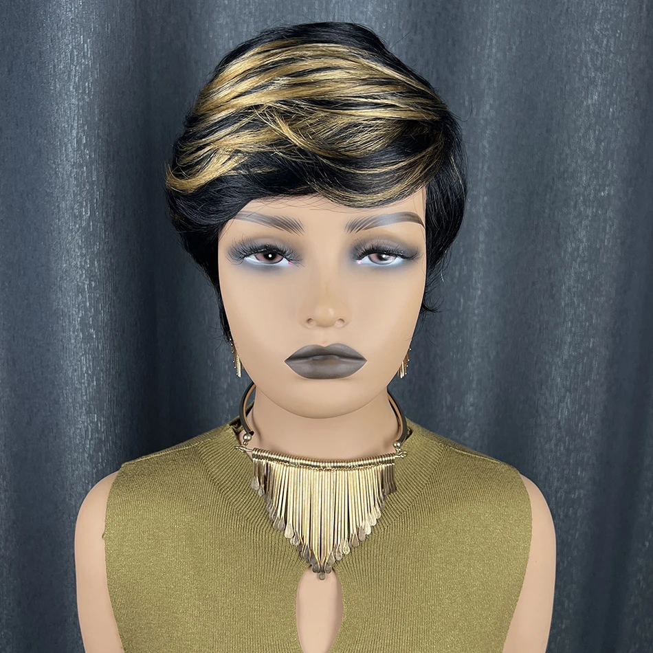 짧은 스트레이트 픽시컷 가발, 자연스러운 블랙 밥 가발, 앞머리 포함, 기계 제작 브라질 레미 인모 가발 (흑인 여성용)