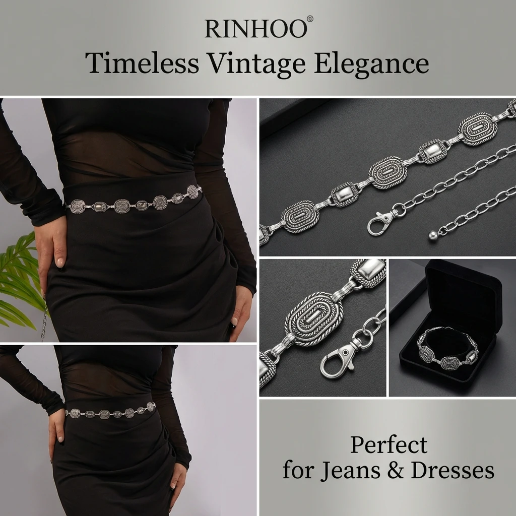 Vintage Silberfarbene Metall-Taillenkette für Damen, Verstellbare Geometrische Bauchkette, Kleid- und Jeans-Dekoration, Modeschmuck-Geschenk – Detail 7