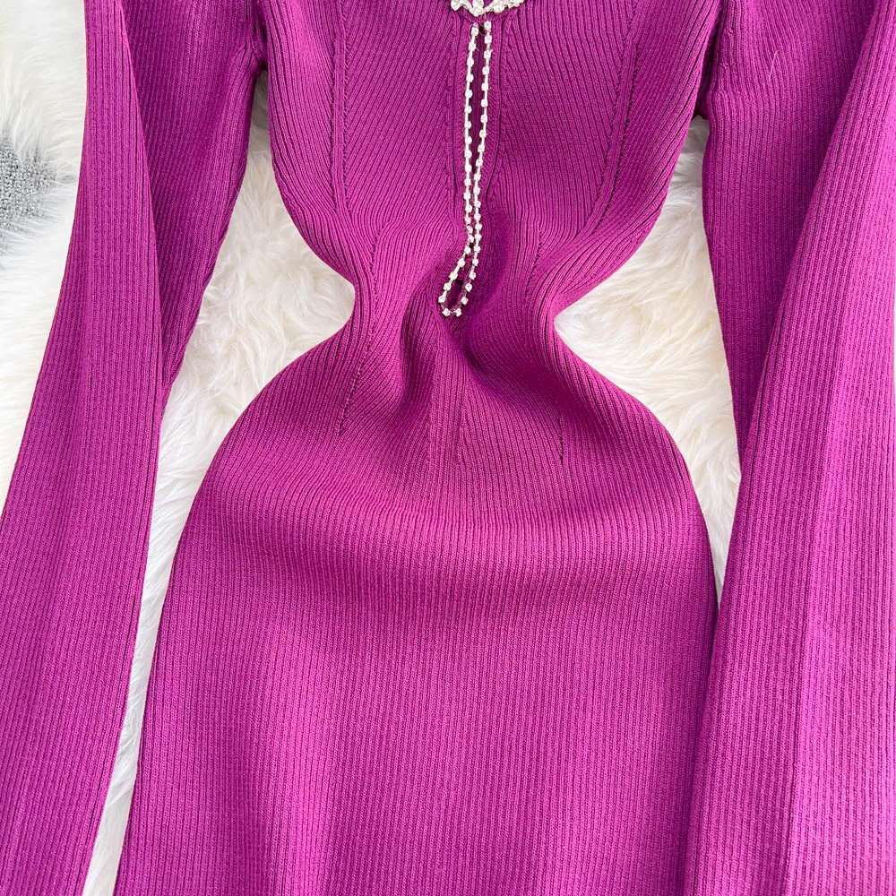 Chic Rhinestone Slim Backless Square Neck Knit Pencil Dress High Street Vintage Evening Korean Sexy Women Autumn Winter Clothing