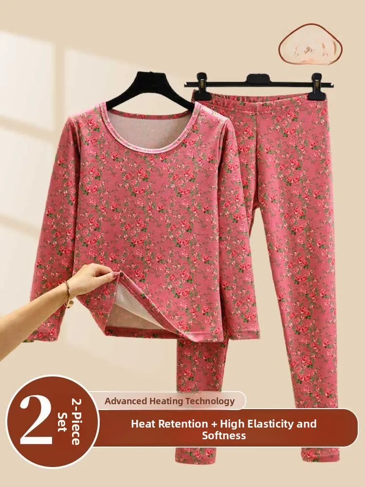 

Thickened Fleece Women's Thermal Underwear Set Double-Sided Brushed Floral Design Warm Comfortable Long Sleeve round Neck Two...