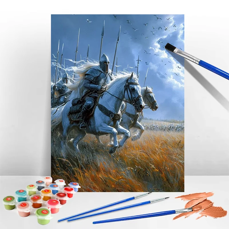 لوحة زيتية رقمية يمكنك صنعها بنفسك على شكل فارس الحصان الأبيض، هدية ملونة مرسومة يدويًا للبالغين مناسبة لتزيين جدران المنزل كهدية عيد الميلاد