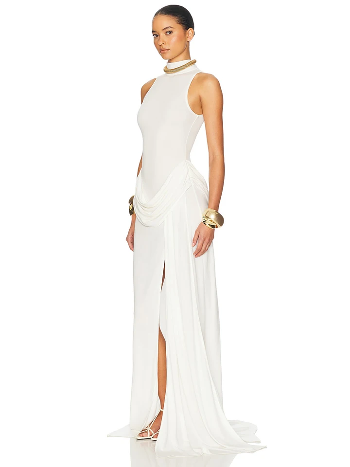 Vestido largo de mujer con cuello alto, hombros descubiertos, sin mangas, con abertura en el muslo y cintura alta con pliegues, elegante para fiesta 4