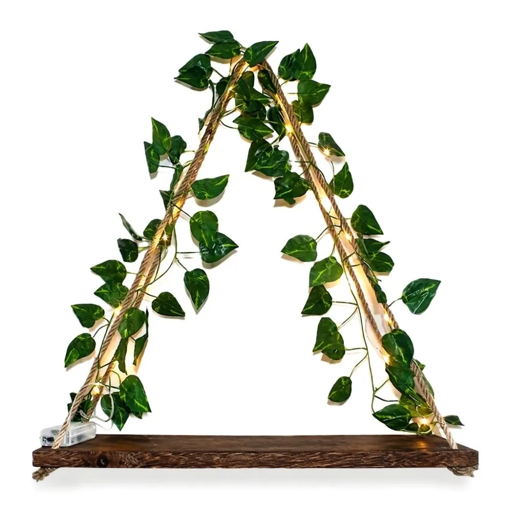 Boho Artificial Ivy Floating Wall Shelf LED Light Wooden Wall Hanging Shelf Floating Hanging Plant Pot Tray Home Decoration