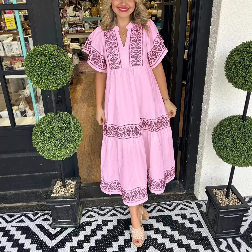 

Women's Printed Long Skirt With Loose V-neck Print Casual Fashionable Ruffled V-neck Summer Autumn Cotton Long Skirt