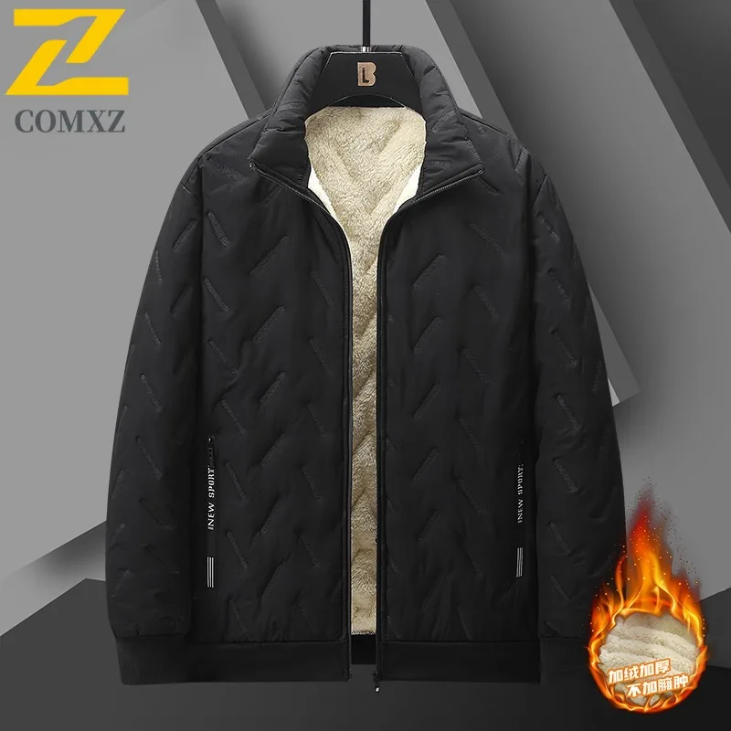เสื้อโค้ทผ้าฝ้ายลำลอง COMXZ แบบอัลตราโซนิกสำหรับผู้ชาย คอตั้ง บุขนแกะ เสื้อโค้ทผ้าฝ้ายสำหรับวัยกลางคน เสื้อแจ็คเก็ตกันน้ำ กันลม สำหรับเล่นกีฬากลางแจ้ง