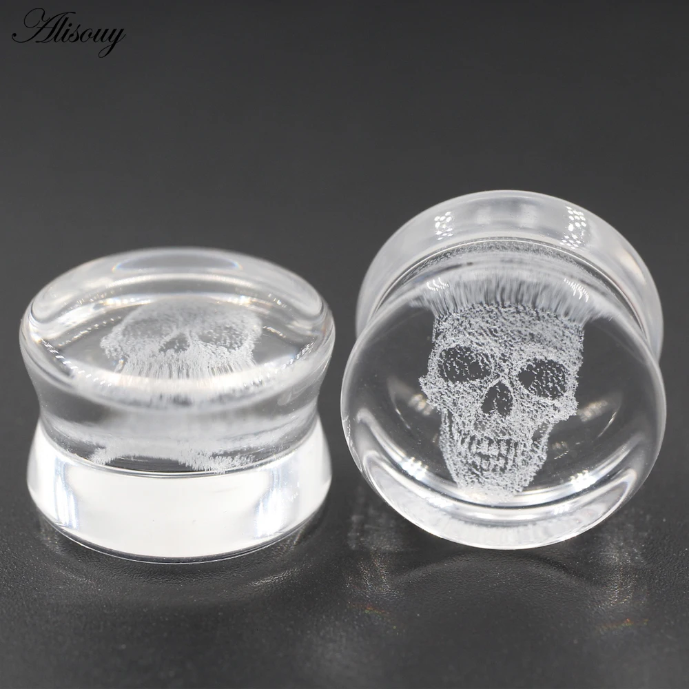 Alisouy 2PCS New Transparent Glass Skull Flared Ear Tunnels Plugs Flesh Stretcher Expander Gauges Earrings Piercing Body Jewelry