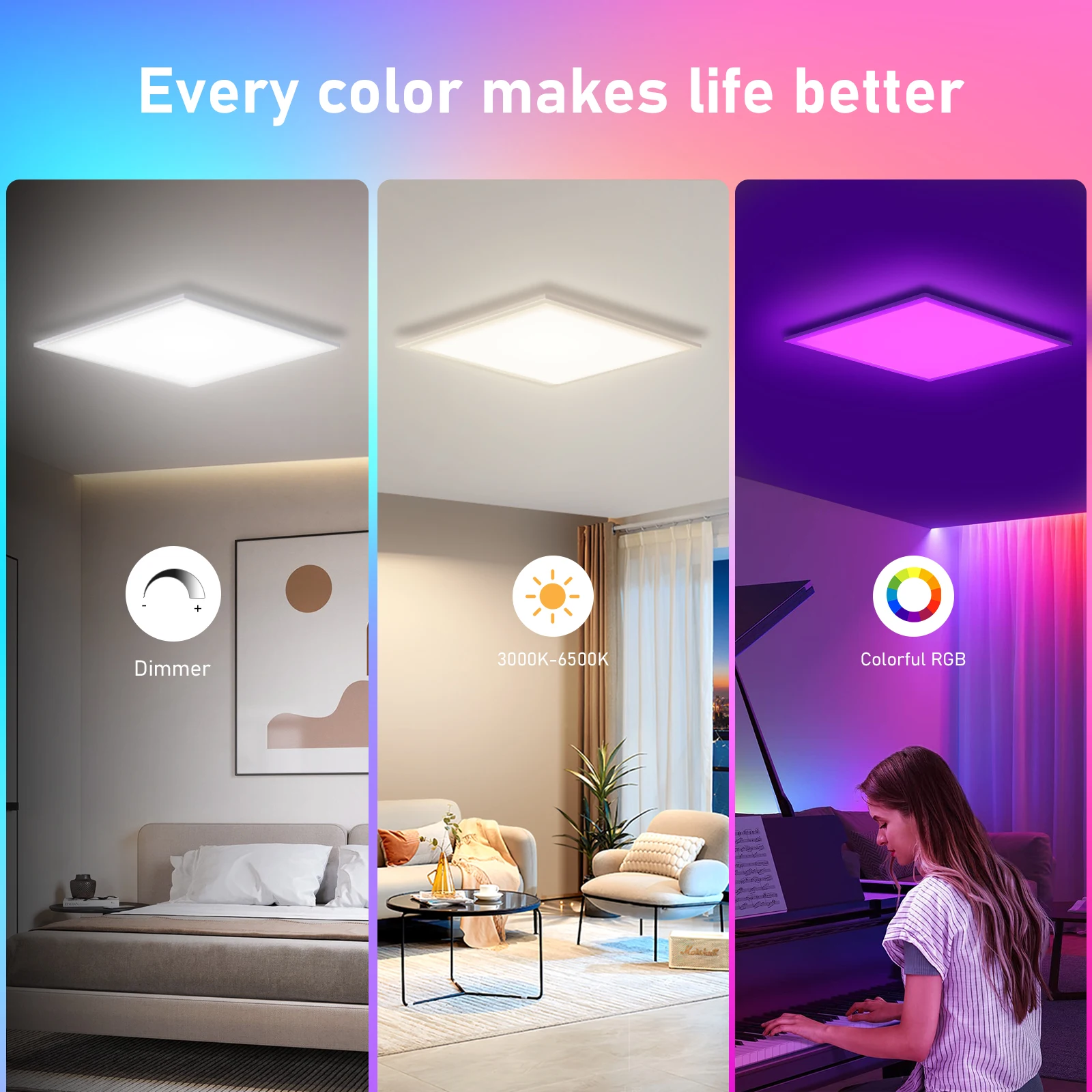 28W RGB LED Ceiling Panel 45×45cm, Dimmable Square Light with Remote, 3100LM, 3000K–6500K, Memory for Kitchen Office Hallway