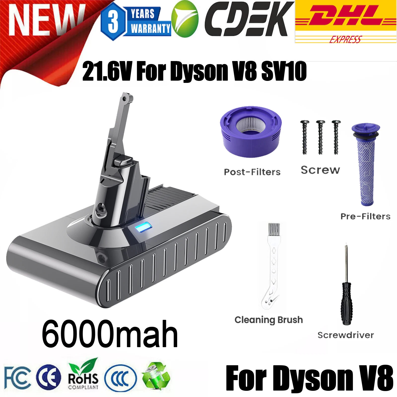 

For Dyson V8 SV10 21.6V 6.0Ah Replacement Battery 21700 For Dyson V8 Absolute Vacuum Cleaner For Dyson V8 Replacement Parts