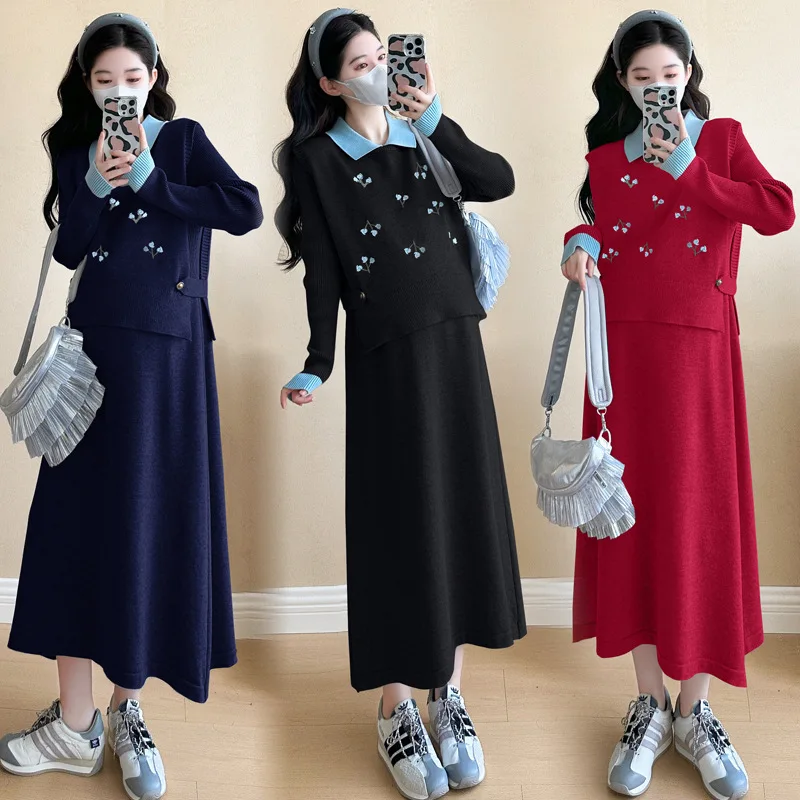 Ropa elegante para embarazo Vestido de punto jacquard de temporada fría Detalles bordados sofisticados Dos piezas de moda para mamás esperando