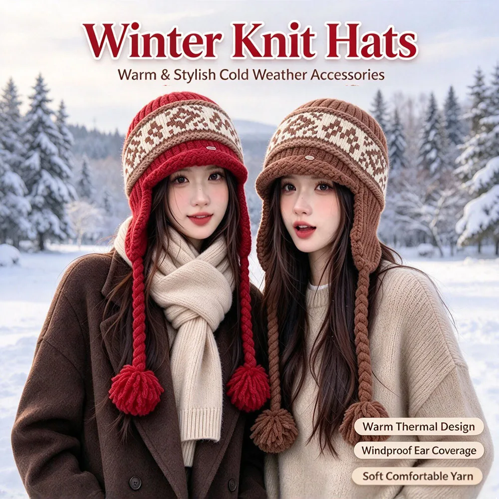 Cozy Fair Isle Beanie Women Winter Hat with Ear Flaps Windproof Warm Chunky Knit Cap for Cold Weather Statement Ski Hat