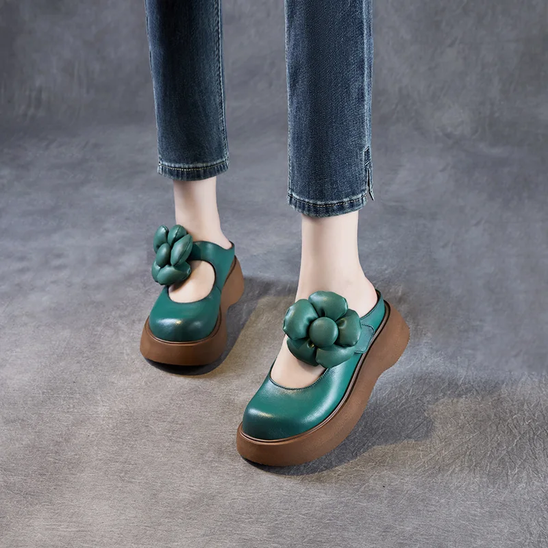 انفصال زهرة رئيس جلد طبيعي كعب سميك النعال المرأة الصيف نمط جديد صنادل أرضية أحذية مريحة الانزلاق على