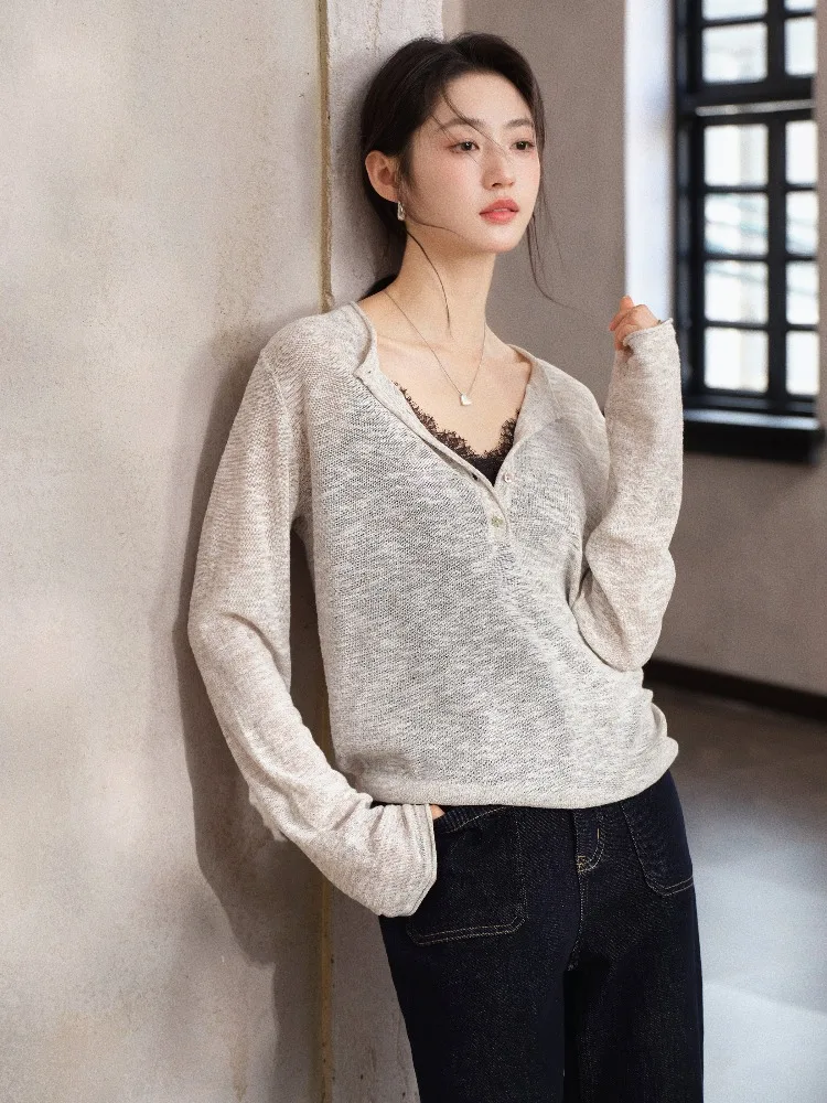 Women Knit Top Linen Long Sleeve Lightweight Sweater Casual Breathable Slim Fit Spring Layering Pullover Soft Minimalist Shirt