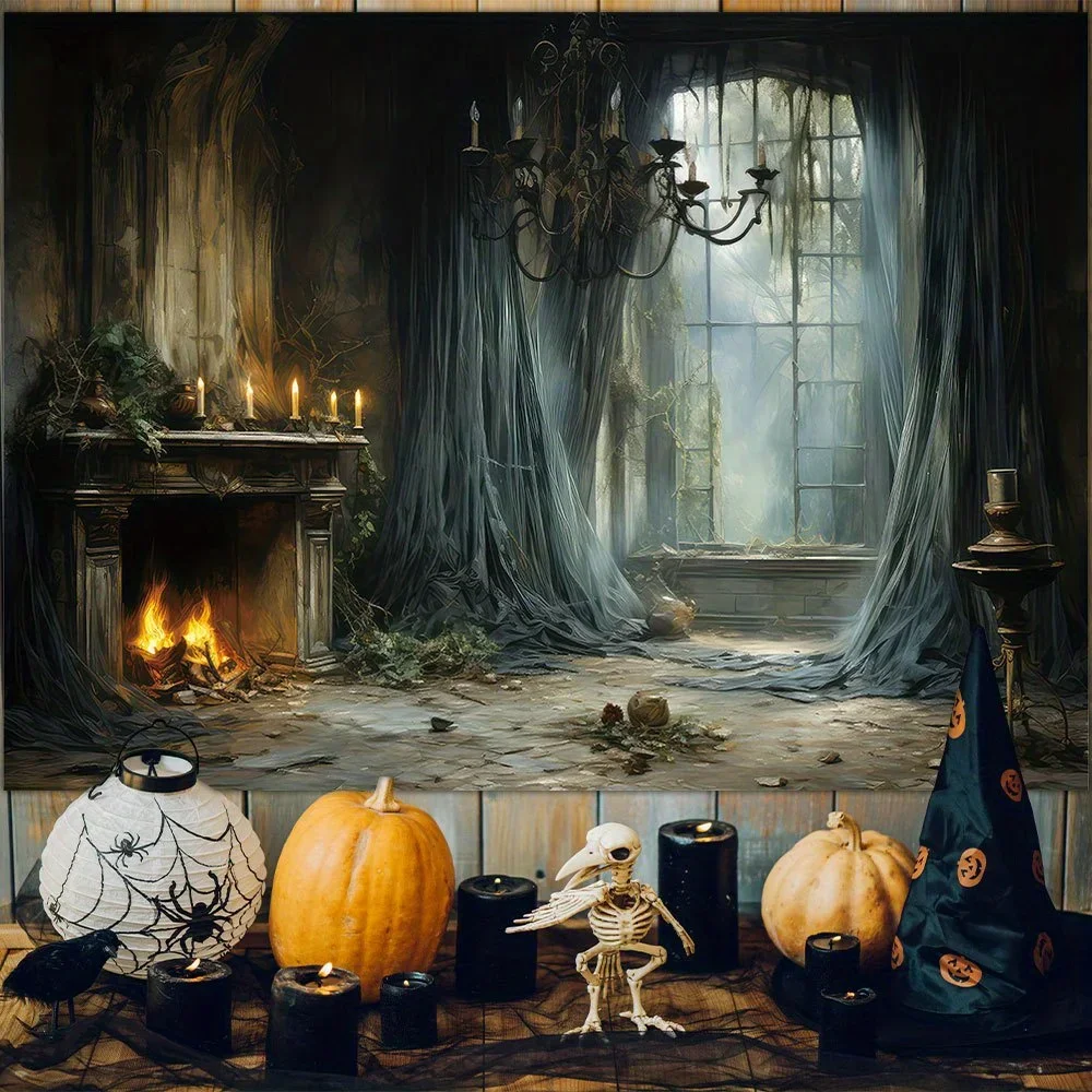 Halloween photography background, abandoned castle fireplace background, eerie indoor pranks or entertaining families