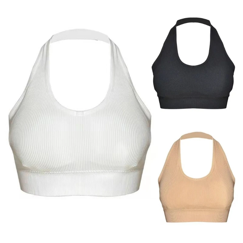 Womens Ribbed Knit Halter Backless Crop Top Solid Color Bodycon Sports Bralette