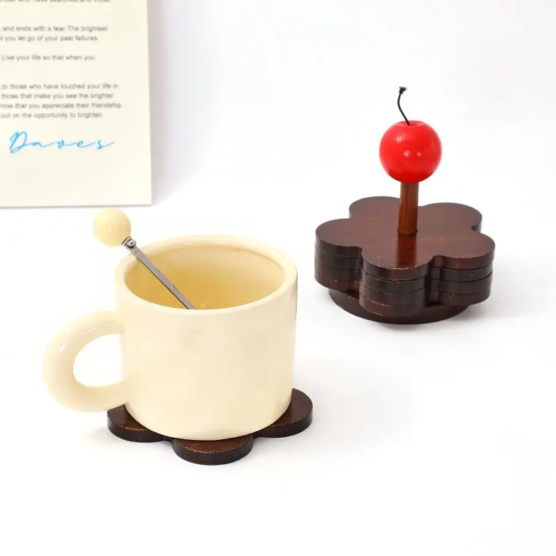 Flower Shaped Wooden Coaster Cute Heat Insulation Cup Mat Table Protection Pad for Kitchen Coffee Desktop Decoration