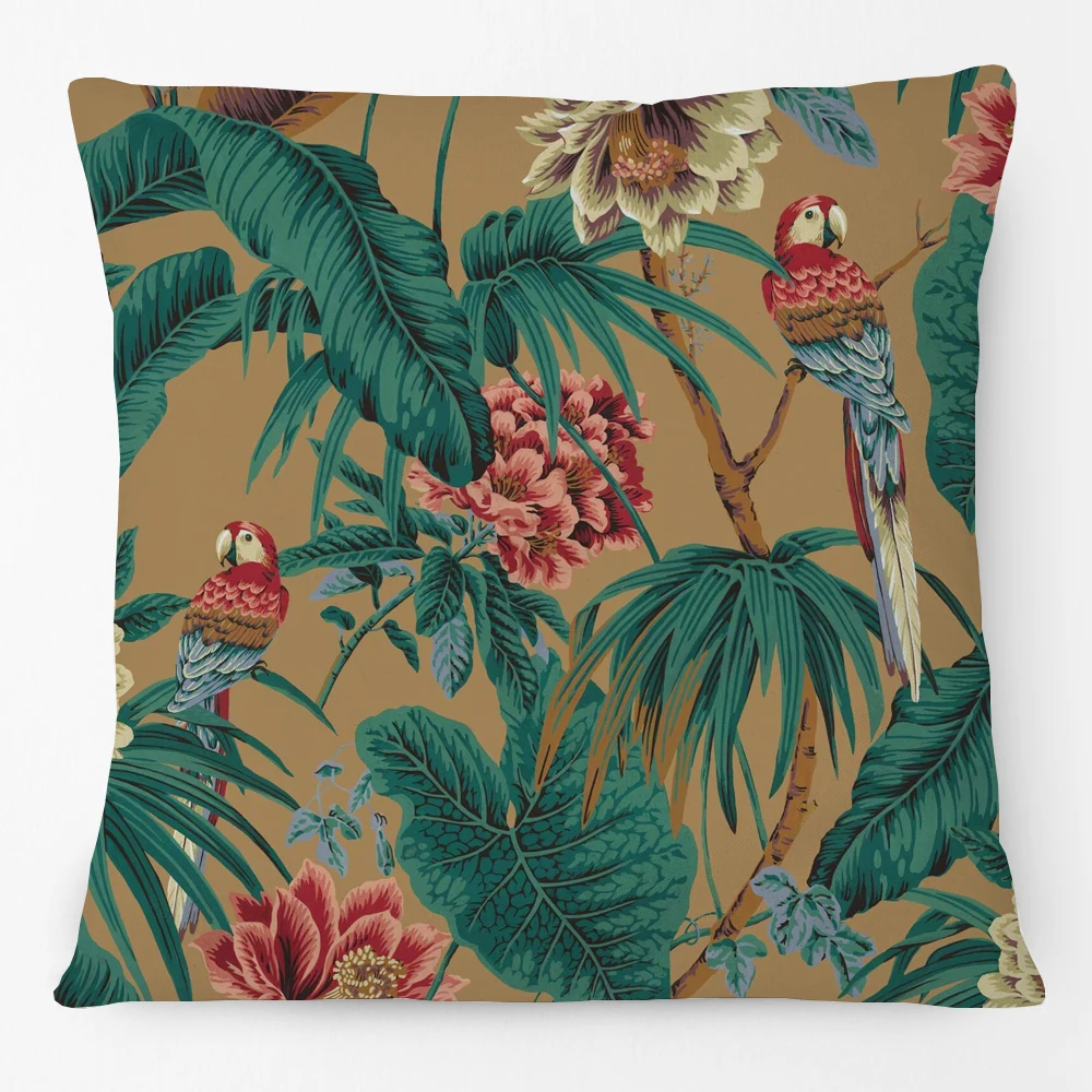 Tropical Summer Jungle Plants Bird Parrot Floral Leaves Pattern Cushion Cover Pillow Case
