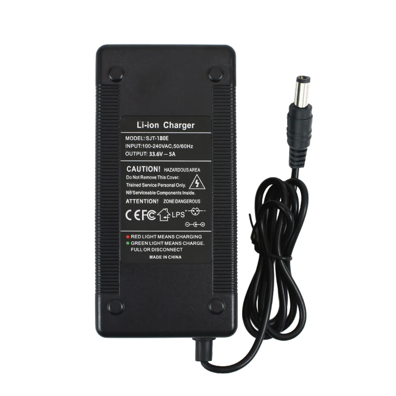 شاحن بطارية ليثيوم أيون 33.6 فولت 5 أمبير لحزمة بطارية 29.6 فولت 8 ثانية مع موصل DC5.5 × 2.1 مم مروحة تبريد مدمجة عالية السرعة