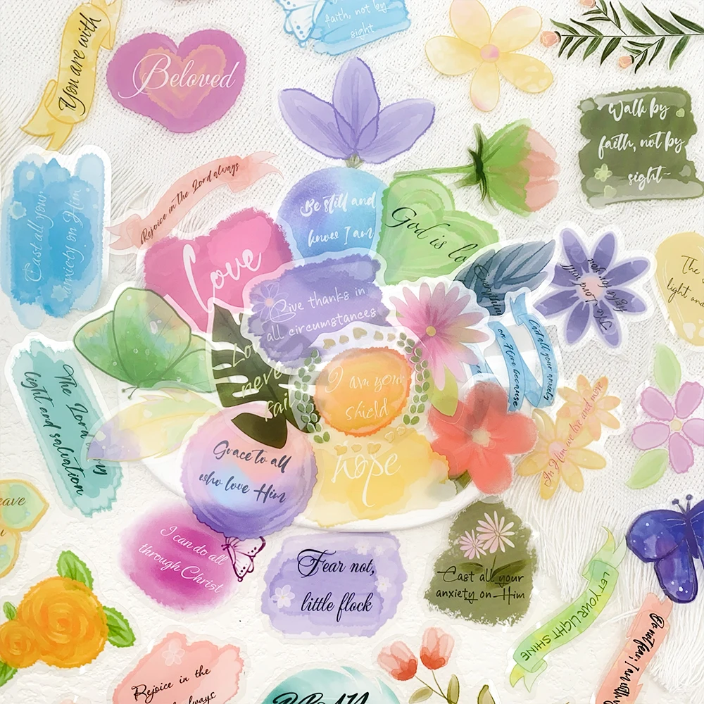 50 Uds. De pegatinas transparentes de acuarela de la Biblia para mascotas, calcomanías para teléfono, portátil, álbum de recortes, maleta, guitarra, pegatinas estéticas de dibujos animados DIY