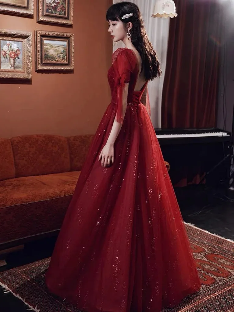 Wine Red Cocktail Dresses V-Neck Ribbon A Line Puff Sleeve Tulle Sequin Beaded Gown Prom Party Bridal Toast Clothing Robe De