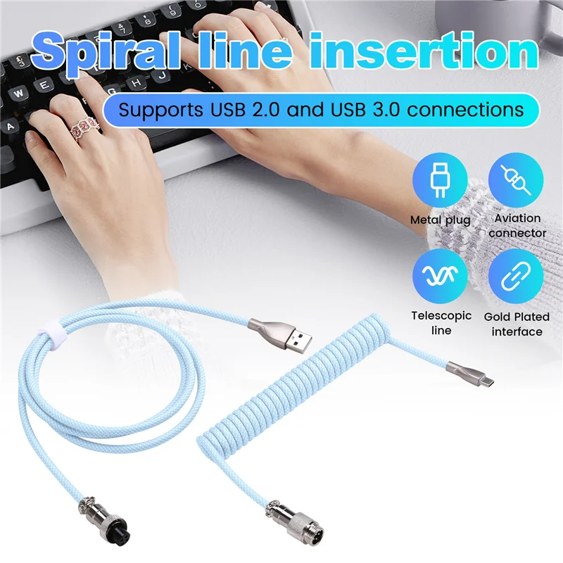

Qy-USB C Coiled Keyboard Cable Braided Mechanical Keyboard Cable With Detachable Metal Aviator Cord 1.5M USB-C To USB-A Blue