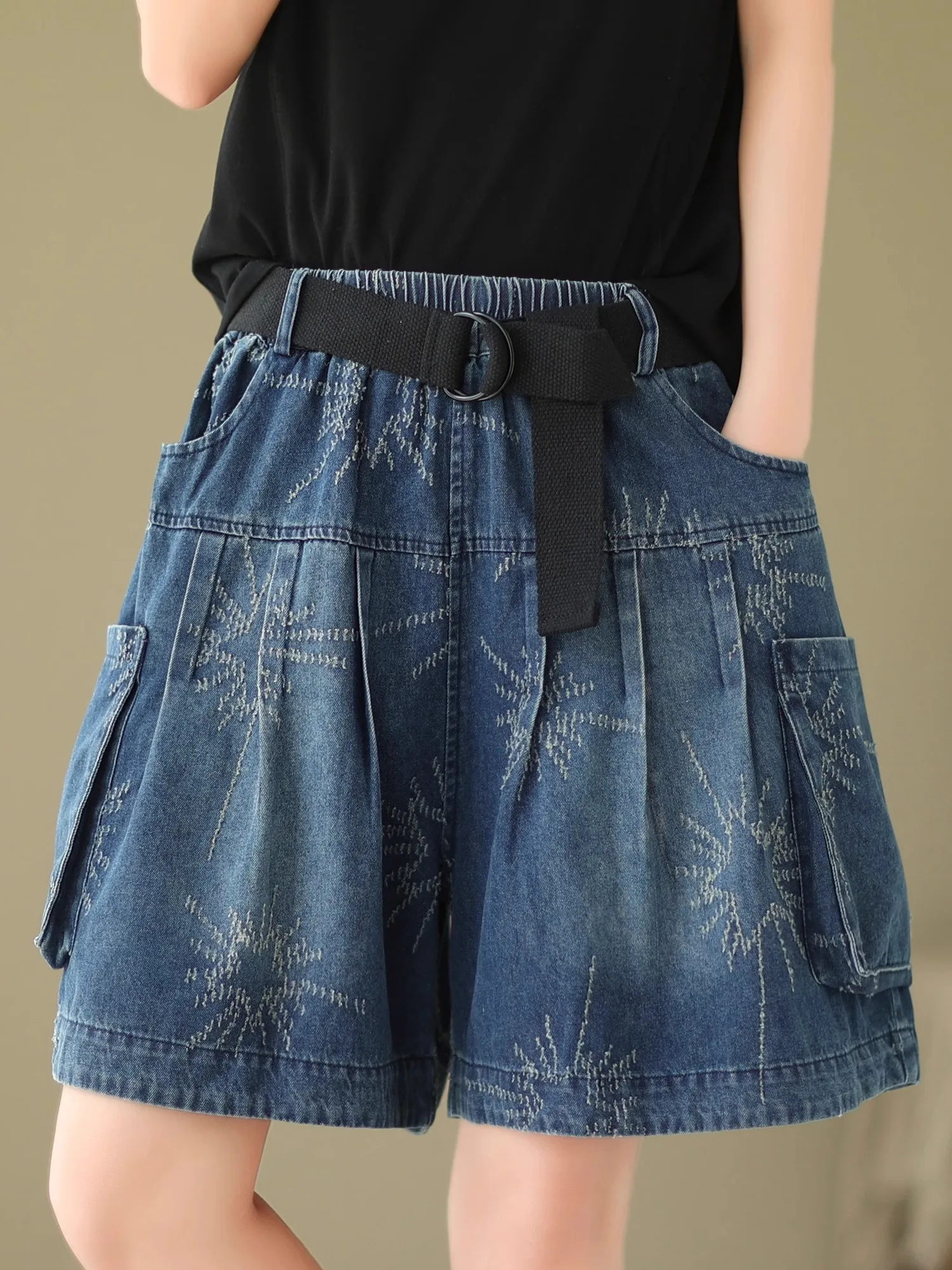 

Джинсовая юбка с высокой талией и широкими штанинами, женская летняя повседневная юбка с вышивкой, свободные утягивающие брюки пять четвертей