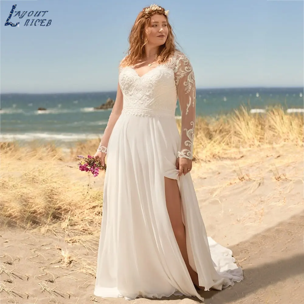 LAYOUT NICEB Apliques Mangas completas Noiva Vestidos Backless Chiffon A Linha Vestidos De Casamento Botões Até o chão suknia ślubna 2024LAYOUT NICEB Apliques Mangas completas Noiva Vestidos Backless Chiffon A Linha Ve