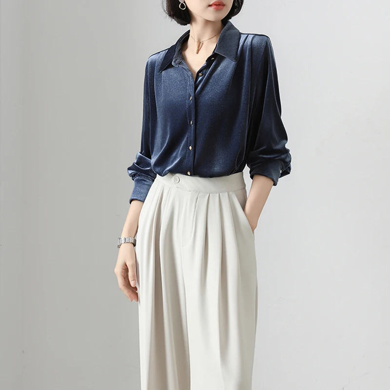 Camicie in velluto alla moda Donna Autunno Inverno Top basic Vintage stile coreano Office Lady Manica lunga Bottone con risvolto Elegante camicetta dolce
