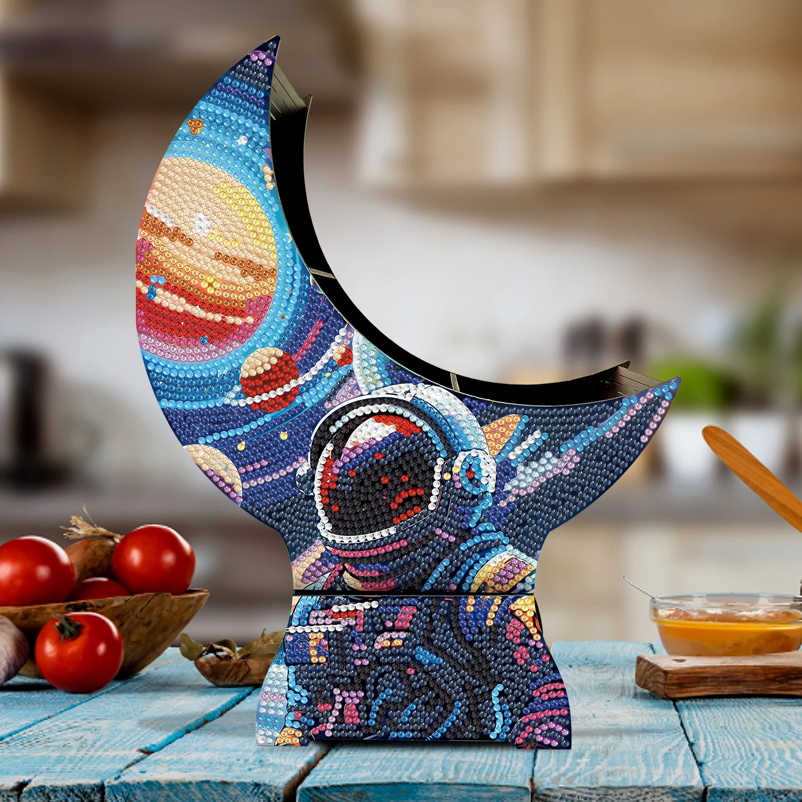 5D Diamond Drawing DIY Fan-Shaped Astronaut Pattern Multi Space Candy Snack Plate with Bracket Diamond Embroidery Fruit Plate