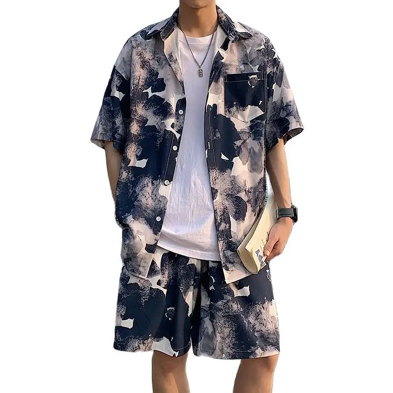 Summer 2 piece Men Sets Shirt and Shorts Hawaiian Style Short Outfits Colors Printing Casual Thin Silky Oversized Suits Male