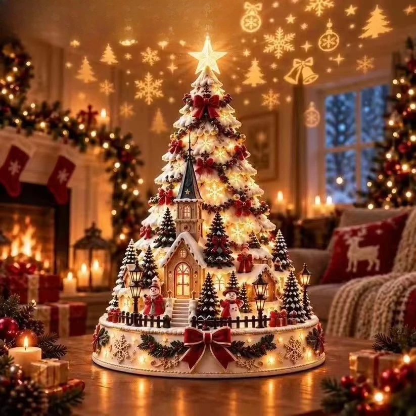 Christmas Village Projector, Christmas Tree Angel Snowman Santa Claus Projection Ornament for Holiday Decoration
