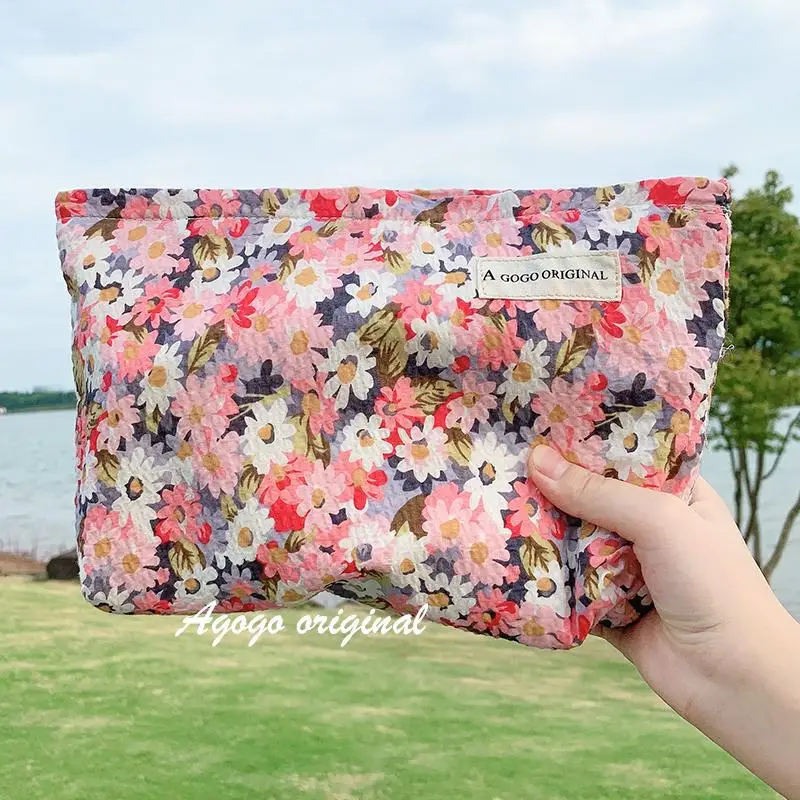 Ins Fresh Floral Canvas Makeup Bags Large Capacity Cosmetic Bag Travel Skincare Toiletry Organizer Wash Bag Cluth Makeup Pouch