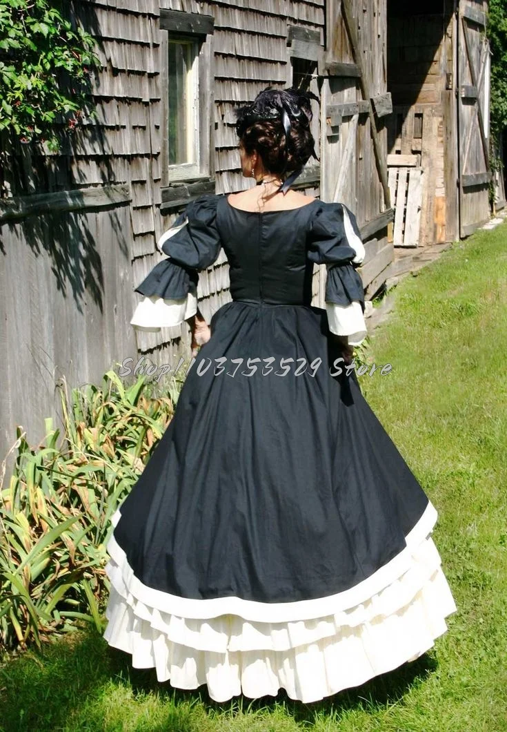 Classic Black White Victorian Prom Dress Vintage Square Neck Bubble Sleeve Layered Corset Corset Role Play Theatre Customised