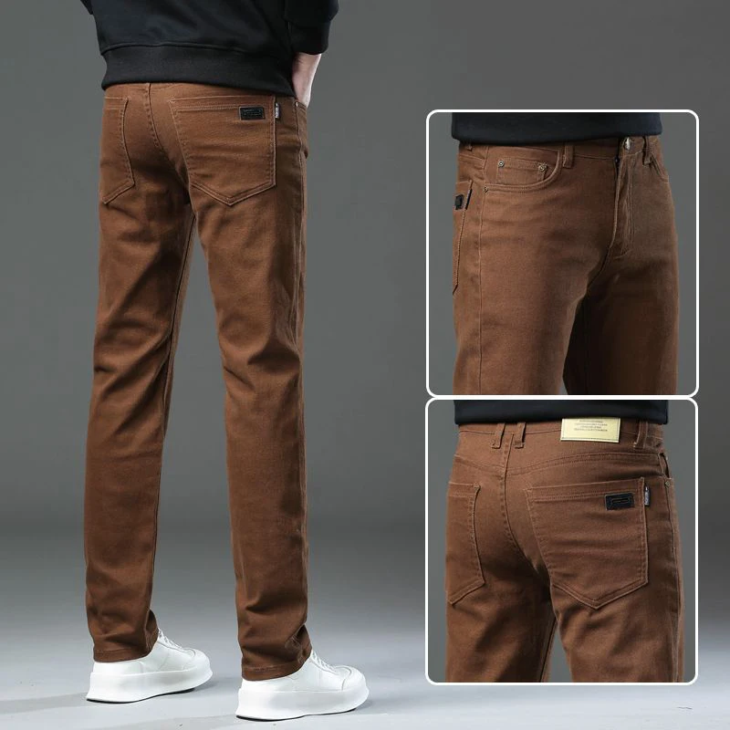 남성 스마트 캐주얼 미드라이즈 슬림핏 청바지 남성 루즈 스트레이트 탄력성 데님 팬츠 데일리 하이엔드 패션 클레이-옐로우 바지