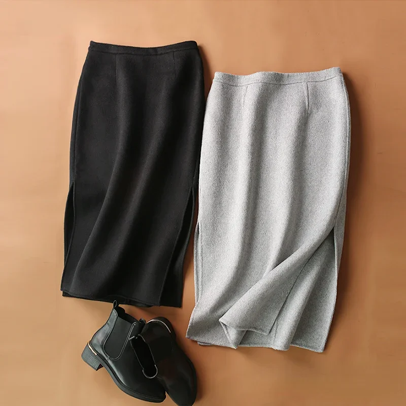 

Temperament Commuter Woolen Skirt Women Hand-sewn Black Slit Skort 2023 Autumn Winter Mid-length Hip-covering Wool Sexy Clothes