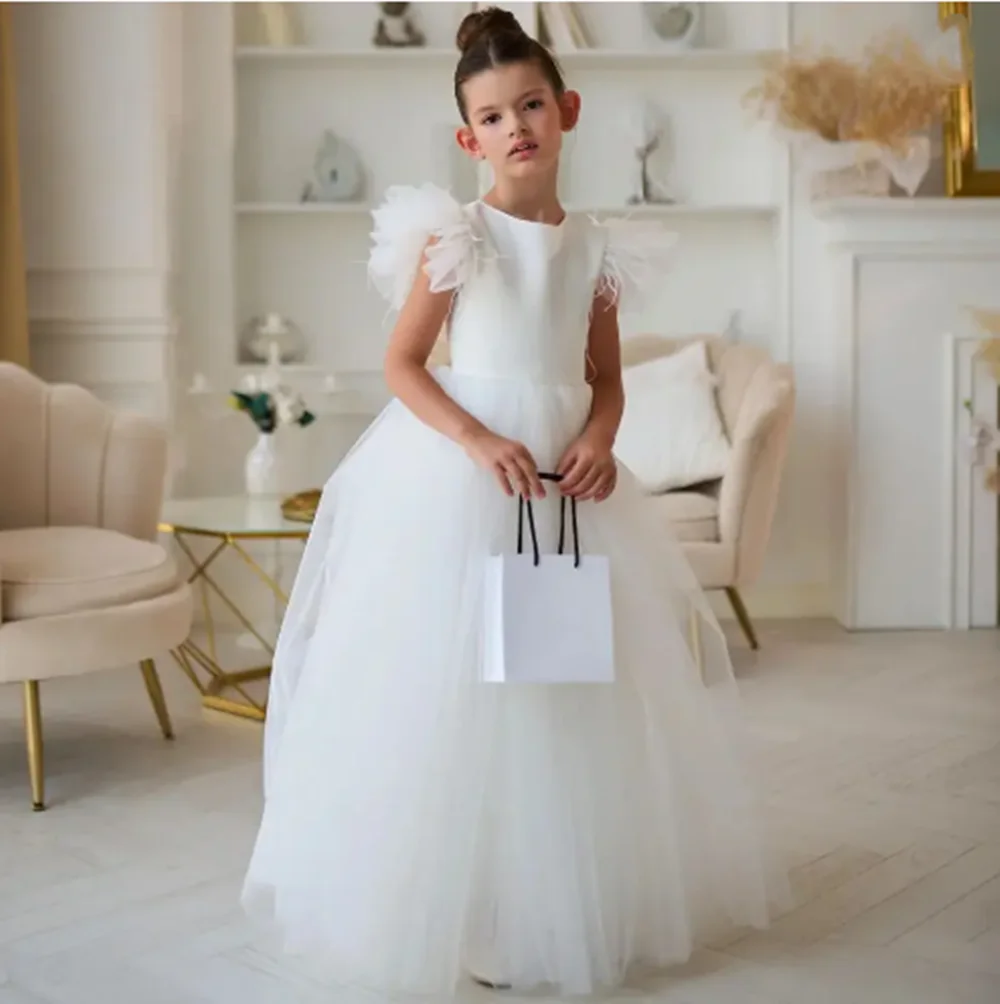Abiti da ragazza di fiore avorio personalizzati per matrimonio Tulle Piuma Puffy Elegante abito da spettacolo per prima comunione per occasioni formali per bambini