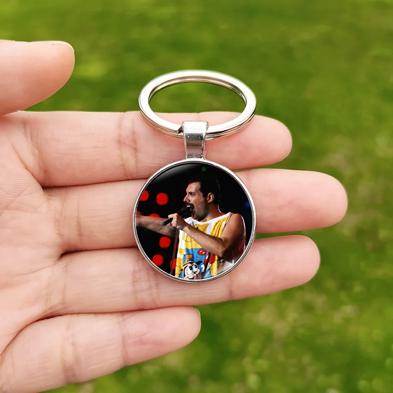 Freddie Mercury Keychain Band Queen Rock Singer Art Poster Glass Cabochon Alloy Pendant Key Chains Men Fans Keyring Gift Friends