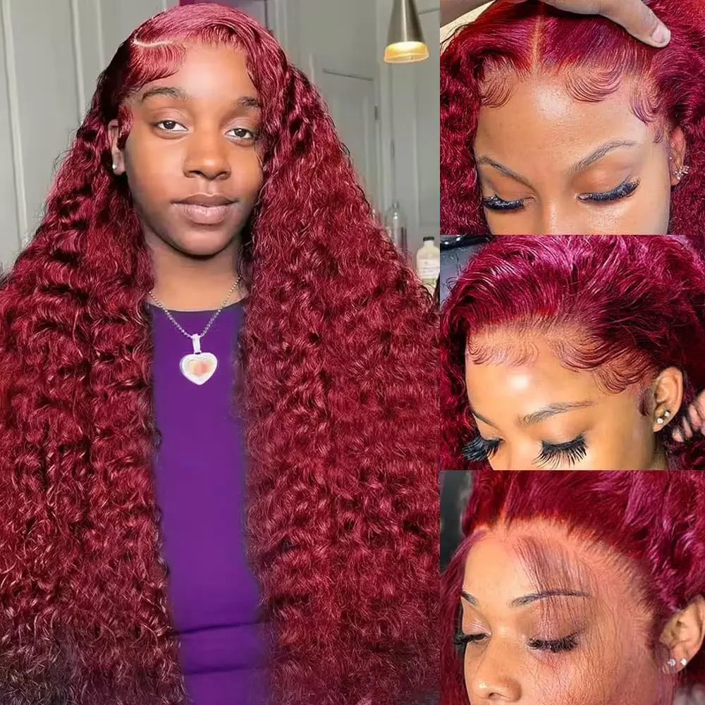 Fotografia 4: Peruca de Cabelo Humano Ondulado Profundo Borgonha 200 Densidade Cor 99J 13x4 13x6 HD com Ondas de Água, Peruca Frontal Completa de Renda para Mulheres 46 Polegadas