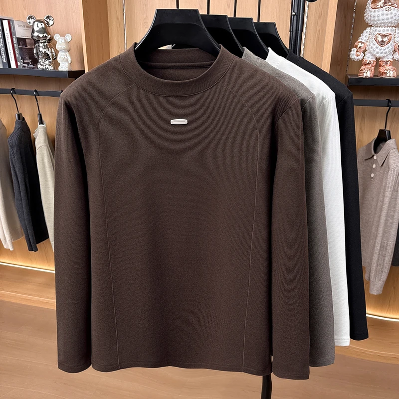 Autumn Men's Semi High Neck Minimalist Print Pullover T-shirt Comfortable Soft Long Sleeved Base Top Fashionable Men's Clothing