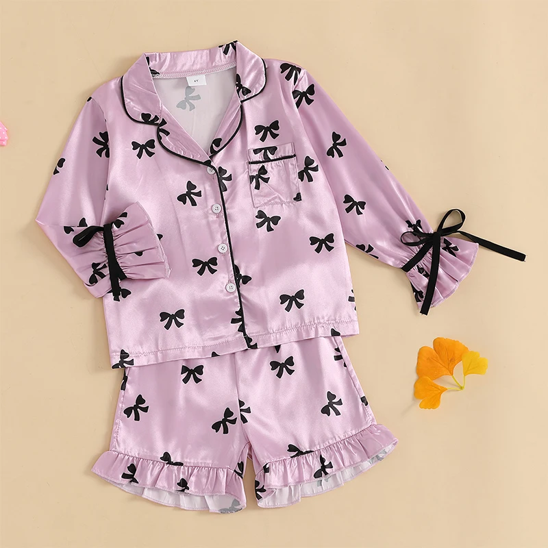 4-12Y Girls Stain Pajamas Set Long Sleeve Bow Print Collared Shirt Shorts Kids Sleepwear Children Loungewear Homewear